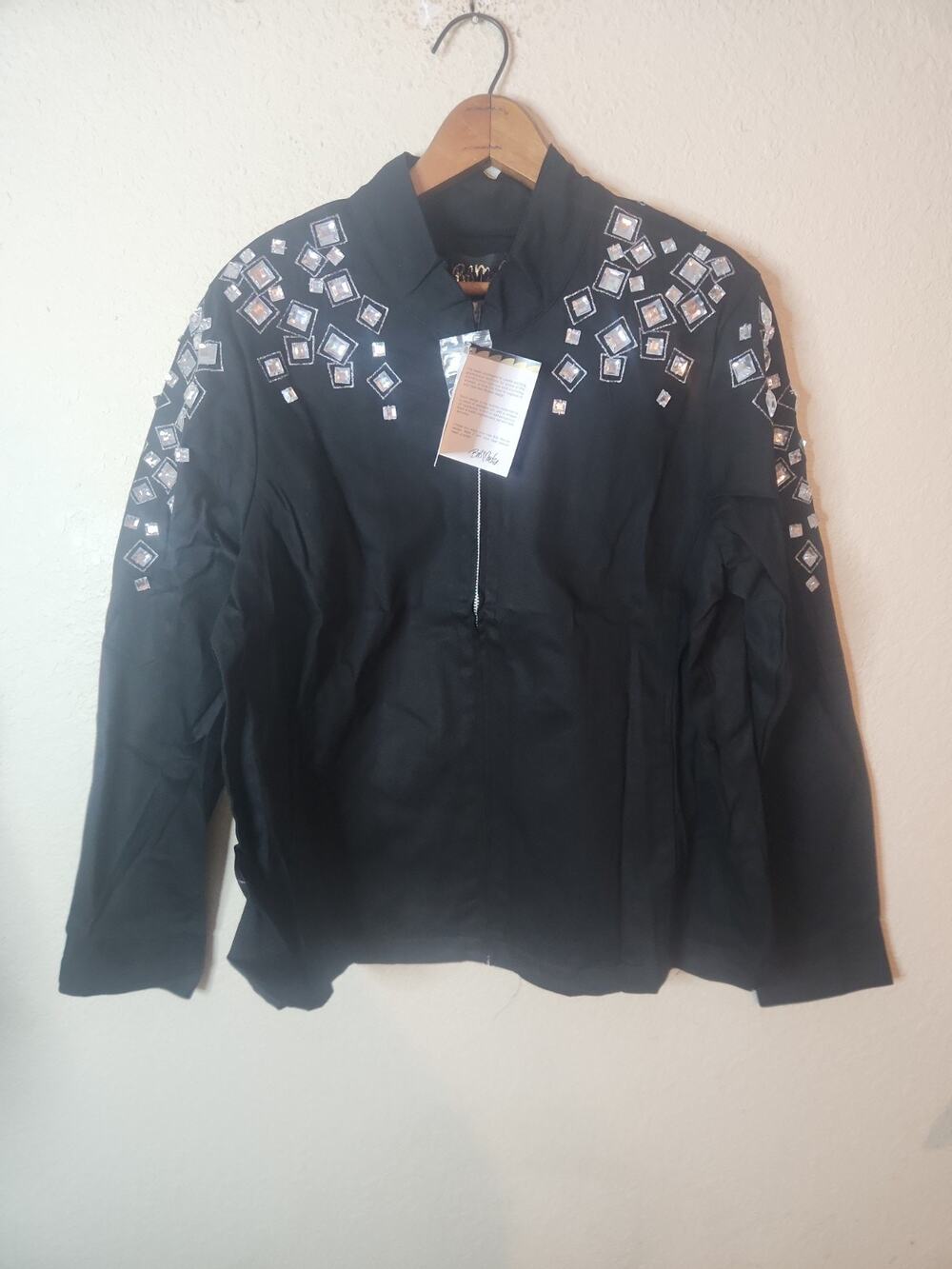 New QVC Bob Mackie Square Jeweled Zip Up Denim Jacket Black Size Large